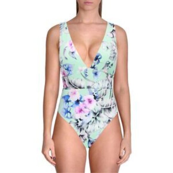 NWT TiniBikini Floral Ribbed One Piece Swimsuit with Plunging V-Neckline Large - Picture 9 of 9